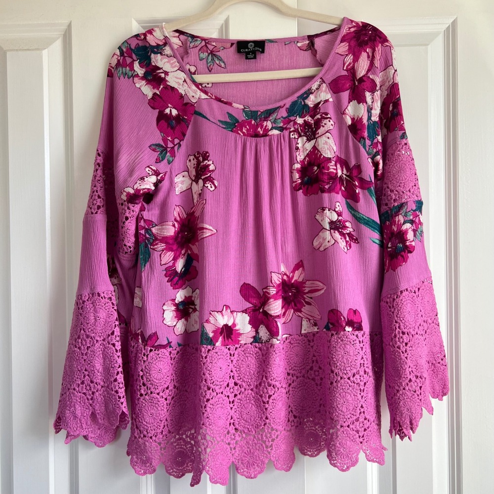 Curations Raspberry Pink Bohemian Cottage Floral Crochet Lace Blouse‎ Top Size S